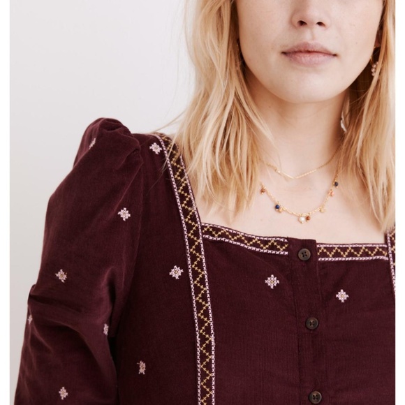 [NWOT] Madewell Embroidered Corduroy Button Front Mini Dress Dark Fig Dress - Picture 5 of 5